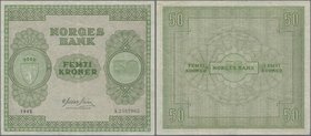 Norway: 50 Kroner 1945, P.27, excellent condition, still crisp paper and bright colors, just a stronger vertical fold and some other minor creases. Co...