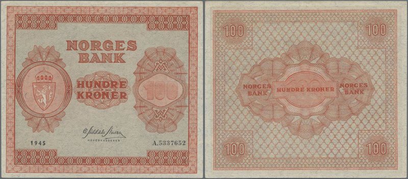 Norway: 100 Kroner 1945, P.28a1, almost perfect condition, just a tiny dint at l...