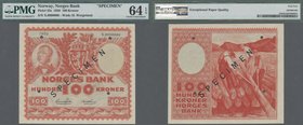 Norway: 100 Kroner 1950 SPECIMEN, P.33s in excellent uncirculated condition, PMG graded 64 Choice Uncirculated EPQ. Very Rare!
 [plus 19 % VAT]