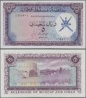 Oman: Sultanate of Muscat and Oman, 5 Rials Saidi ND(1970), P.5, almost perfect condition with a tiny dint at lower left only. Condition: aUNC/UNC. Ve...