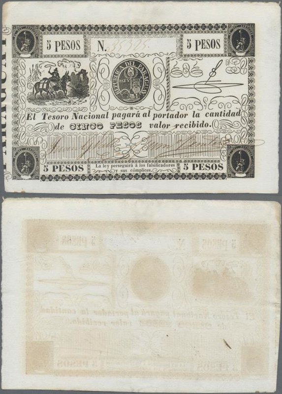 Paraguay: El Tesorio Nacional 5 Pesos ND(1862), P.17 in aUNC condition.
 [taxed...