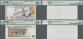 Peru: Printer's Design for 20 Nuevos Soles 1995 front and back, P.159pd, each one with empty reverse and imprint ”SIN VALOR - WERTLOS - GIESECKE & DEV...