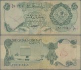 Qatar: The Qatar Monetary Agency 10 Riyals ND(1973), P.3, small graffiti on front and back, tiny pinholes and lightly toned paper. Condition: F-/F
 [...