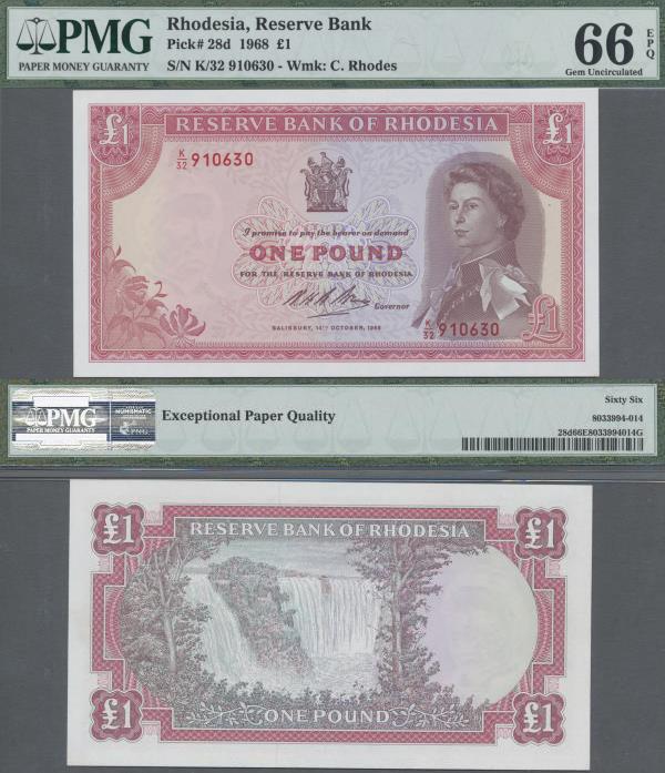 Rhodesia: Reserve Bank of Rhodesia 1 Poound 1968, P.28d in UNC, PMG graded 66 Ge...