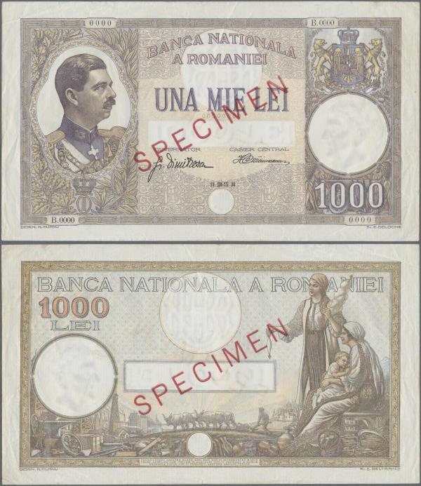 Romania: Banca Naţională a României 1000 Lei 1934 SPECIMEN, P.37s, unfolded with...