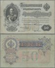 Russia: 50 Rubles 1899, P.8b with signatures TIMASHEV/NAUMOV, small border tears and lightly toned paper. Condition: F-
 [taxed under margin system]