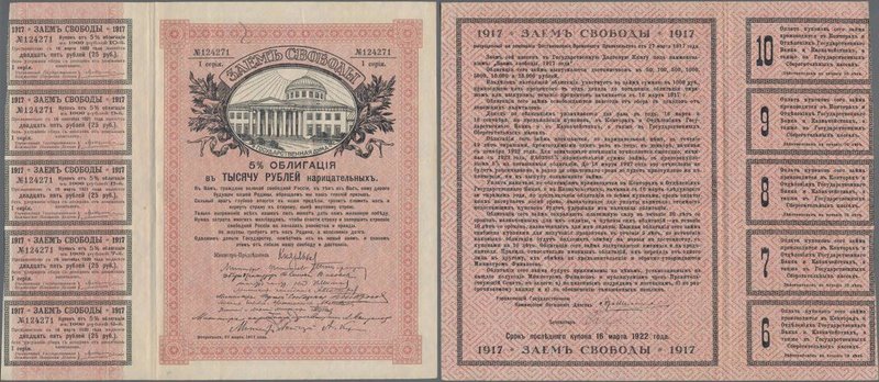 Russia: 1000 Rubles 1917 with 5 coupons, P.37F in XF condition.
 [taxed under m...