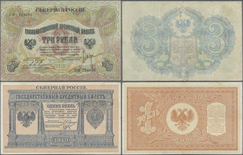 Russia: North Russia, Chaikovski Government, pair with 1 and 3 Rubles 1919, P.S1...