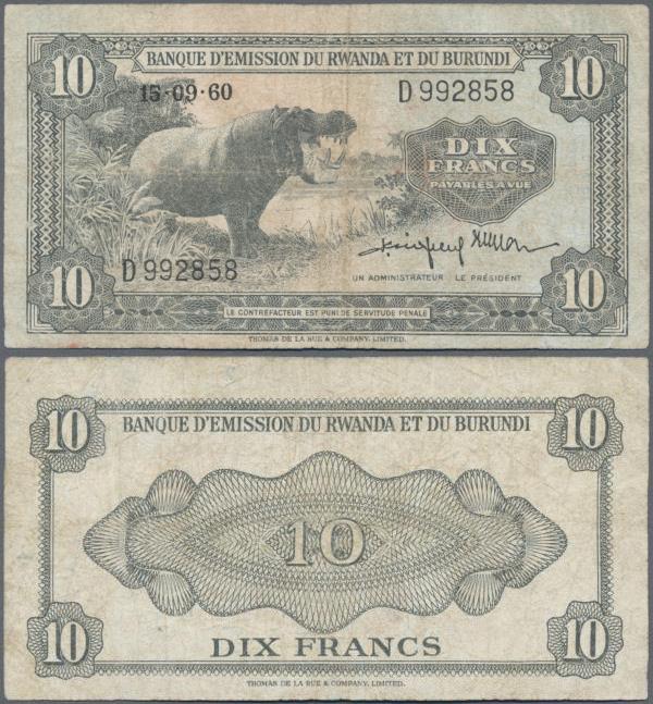 Rwanda-Burundi: Banque d'Émission du Rwanda et du Burundi 10 Francs 1960, P.2, l...