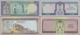 Saudi Arabia: Pair with 1 Riyal AH1379 (1961) P.6 in UNC and 5 Riyals AH1379 (1961) P.7a in VF+ with traces of glue on back. (2 pcs.)
 [taxed under m...
