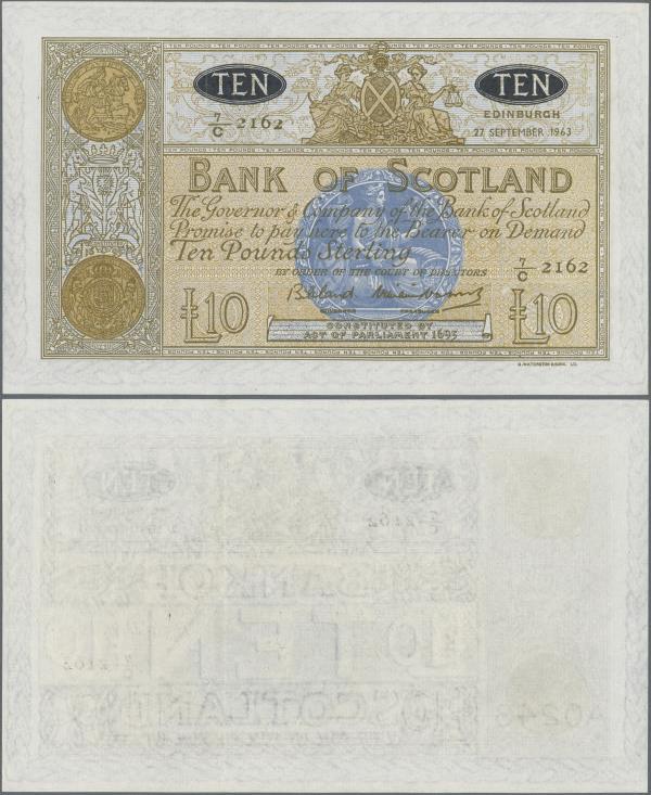 Scotland: Bank of Scotland 10 Pounds 1963, P.93c, fantastic condition for this l...