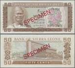 Sierra Leone: Bank of Sierra Leone 50 Cents ND(1979-84) SPECIMEN, P.4s, zero serial number and red overprint “Specimen”, tiny spots at upper margin an...