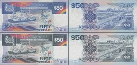 Singapore: Board of Commissioners of Currency pair with 50 Dollars ND(1987) P.22a (XF) and 50 Dollars ND(1994) P.36=P.32 (UNC). (2 pcs.)
 [taxed unde...