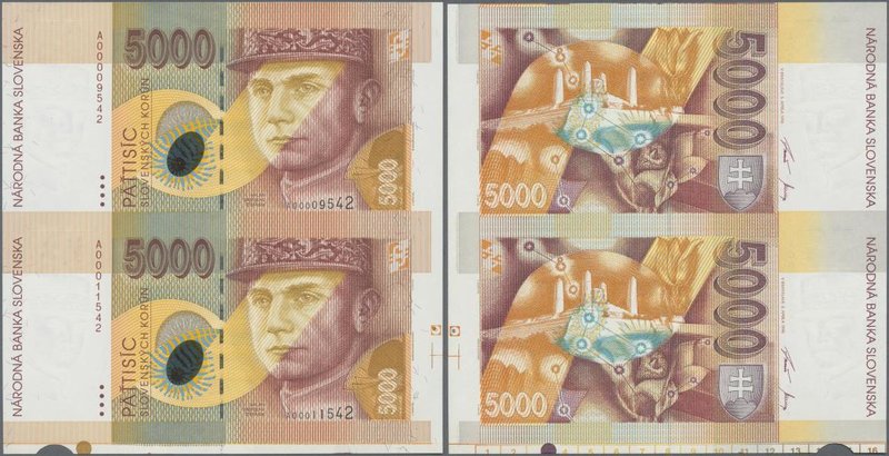 Slovakia: Uncut pair of the 5000 Korun 1995, P.29 with small border pieces of th...
