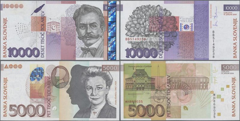 Slovenia: Pair with 5000 Tolarjev 2004 P.33b (UNC) and 10.000 Tolarjev 2000 P.24...