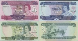 Solomon Islands: Solomon Islands Monetary Authority set with 3 banknotes 2, 5 and 10 Dollars ND(1977), P.5-7, all with matching serial number A/1 0595...