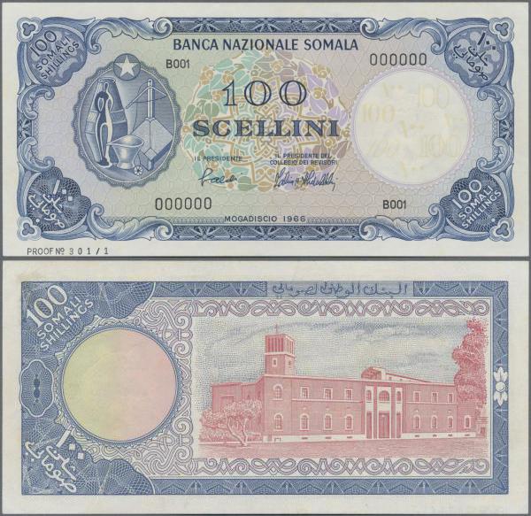 Somalia: Banca Nazionale Somala 100 Scellini 1966 SPECIMEN, P.8s, very soft diag...