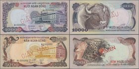 South Vietnam: National Bank of Vietnam pair of the 5000 and 10.000 Dong ND(1975) SPECIMEN of the unissued series, P.35s, 36s with red overprint ”Spec...