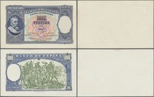 Spain: 1000 Pesetas 1937 Specimen Proofs Pick unlisted, highly rare unissued design, printed as proof on 2 thicker papers, front and back seperatly pr...
