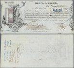 Spain: cheque of the Banco de Espana dated Barcelona 1894 or 1897 with additional tax stamp 10 Centesimos at left. Very nice and attractive item with ...