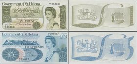 St. Helena: Nice set with 5 banknotes including 2x 1 Pound ND(1981) P.9 with running serial numbers A/1 352050 and -051 (UNC) and 3x 5 Pounds ND(1998)...