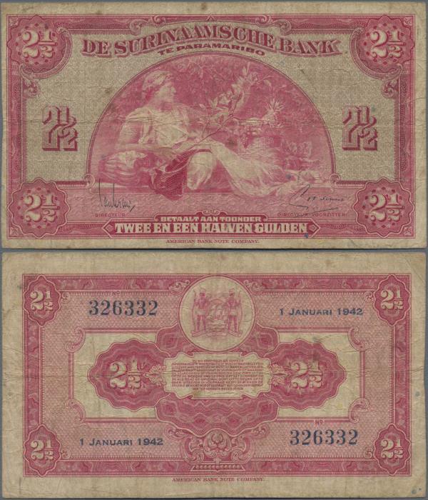 Suriname: 2 1/2 Gulden 1942, P.87b in about F condition.
 [taxed under margin s...