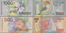 Suriname: Central Bank van Suriname set with 3 banknotes of the bird series 2000 with 100, 500 and 1000 Gulden, P.149, 150, 151, all in perfect UNC co...