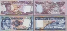 Swaziland: Pair with Monetary Authority of Swaziland 10 Emalangeni ND(1974) SPECIMEN P.4s (UNC) and Central Bank of Swaziland 20 Emalangeni 1997 SPECI...