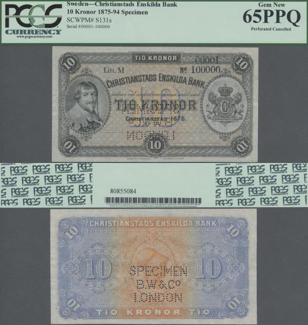 Sweden: Christianstads Enskilda Bank 10 Kronor 1875 SPECIMEN, P.S131s with zero ...