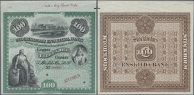 Sweden: Stockholms Enskilda Bank 100 Kronor 1876 SPECIMEN, P.S513s, red serial number 00000, red overprint ”Specimen” and punch hole cancellation. Sma...