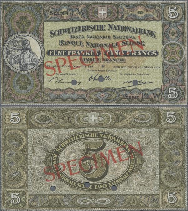 Switzerland: Schweizerische Nationalbank 5 Franken 1936 SPECIMEN, P.11hs with pu...