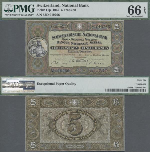 Switzerland: 5 Franken 1952, P.11p in UNC, PMG graded 66 Gem Uncirculated EPQ
 ...