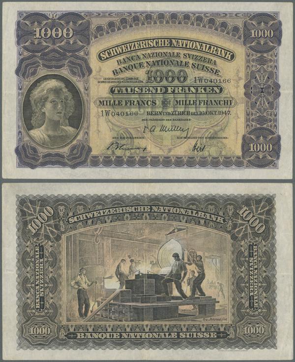Switzerland: 1000 Franken 1947 P. 37h, center and horizontal fold, some light co...