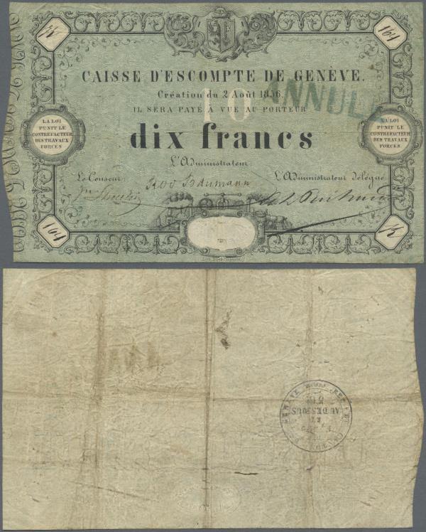 Switzerland: 10 Francs 1856, Caisse D'Escompte de Genève, P. S311, stamped ”Annu...