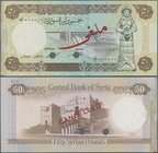 Syria: Central Bank of Syria 50 Pounds 1977 SPECIMEN, P.103as, zero serial number, punch hole cancellation and red overprint “Specimen”, taped cut at ...