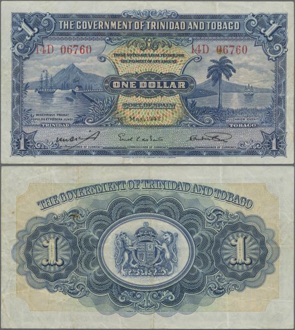 Trinidad & Tobago: 1 Dollar 1942, P.5c, still great original shape with a few so...