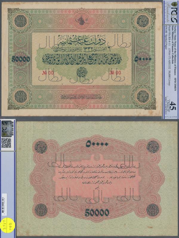 Turkey: Highly Rare Specimen banknote of 50.000 Livres ND(1916-17) AH1332, RS-4-...