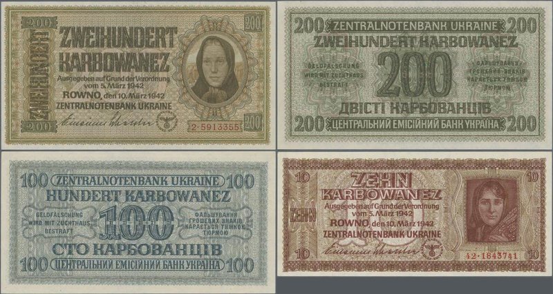 Ukraina: German Occupation WW II, Zentralnotenbank Ukraine 1942 set with 3 bankn...