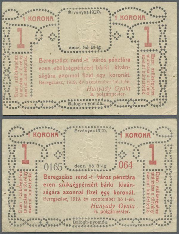 Ukraina: Magisztratus varos Beregszaszi, 1 Korona 1920 P. NL, used with several ...