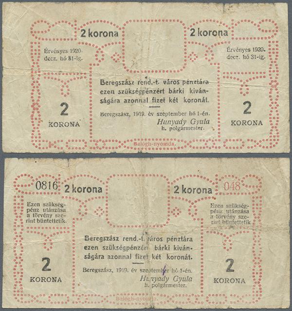 Ukraina: Magisztratus varos Beregszaszi, 2 Korona 1920 P. NL, used with several ...