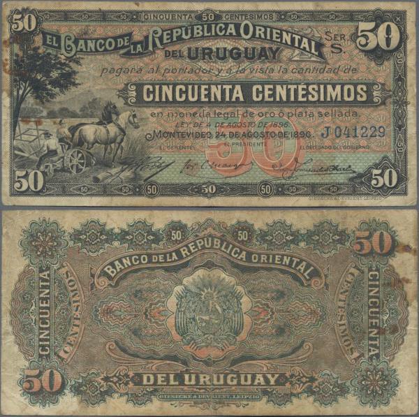 Uruguay: El Banco de la Republica Oriental del Uruguay 50 Centesimos 1896, P.2 i...