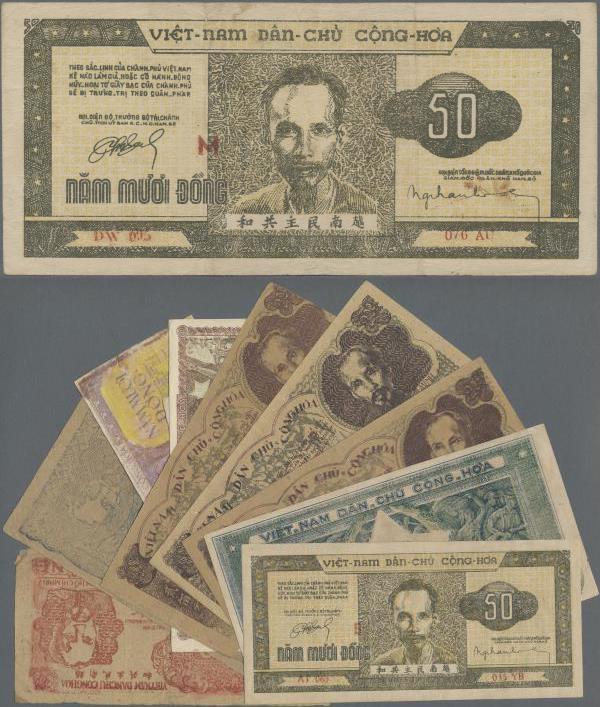 Vietnam: Nice lot with 11 banknotes of the 1950's series comprising 2 x 50 Dong ...
