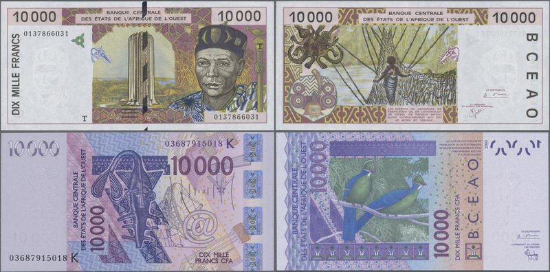 West African States: Set with 3 banknotes comprising 10.000 Francs (20)01 letter...