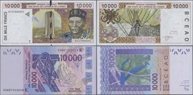 West African States: Set with 3 banknotes comprising 10.000 Francs (20)01 letter “T” = TOGO P.814Tj (XF), 10.000 Francs (20)01 letter “C” = BURKINA FA...