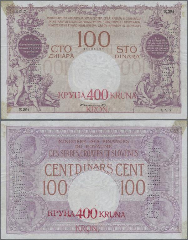 Yugoslavia: Kingdom of Serbs, Croats and Slovenes 400 Kruna on 100 Dinara ND(191...