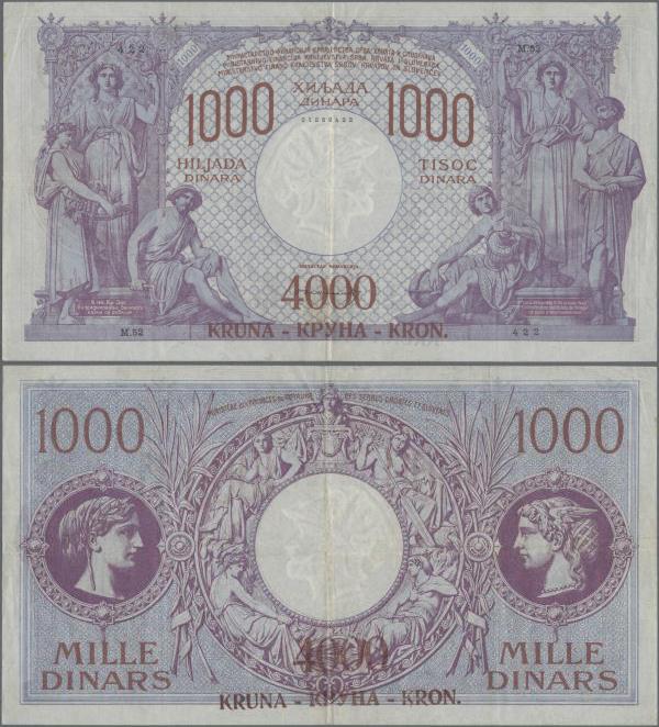 Yugoslavia: Kingdom of Serbs, Croats and Slovenes 4000 Kruna on 1000 Dinara ND(1...