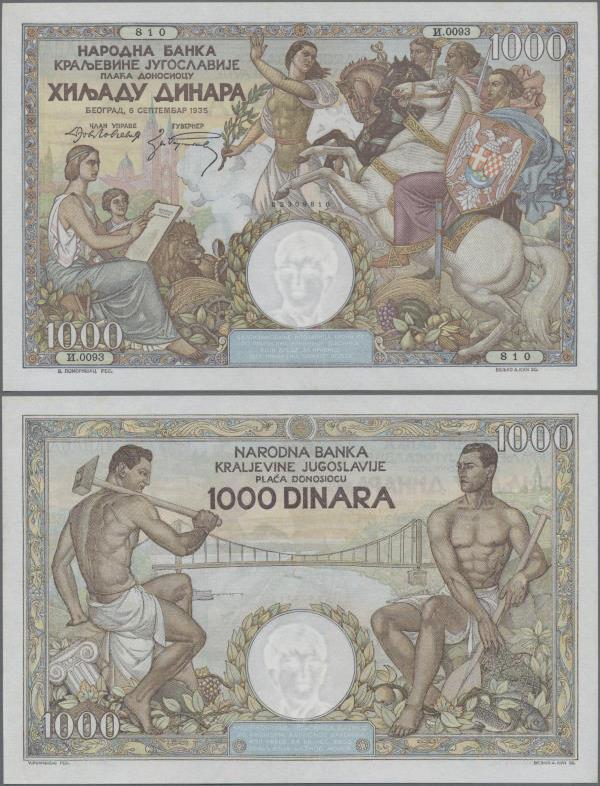 Yugoslavia: Kingdom of Yugoslavia 1000 Dinara 1935, P.33, highly rare and almost...