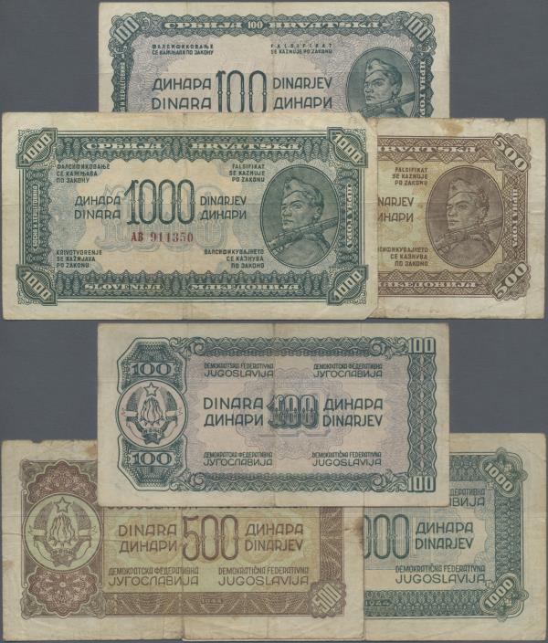 Yugoslavia: Set with 3 banknotes of the 1944 Partisan issue with 100, 500 and 10...