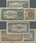 Yugoslavia: Set with 3 banknotes of the 1944 Partisan issue with 100, 500 and 1000 Dinara, P.53-55 in F- to F condition. (3 pcs.)
 [taxed under margi...