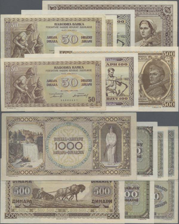 Yugoslavia: Set with 7 banknotes of the 1946 issue with 3x 50, 2x 100, 500 and 1...